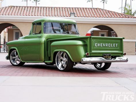 Classic Trucks Magazine, 57 Chevy Trucks, Vintage Chevy Trucks, Green Truck, Hot Trucks, Chevy Stepside, 1956 Chevy, Chevrolet Truck, Dream Vehicles