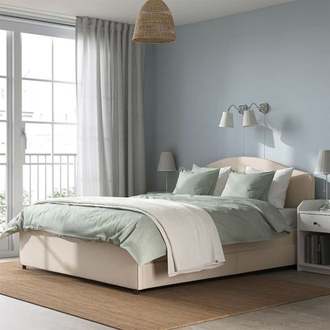 Beige upholstered storage bed with light green sage bedding and soft blue walls Songesand Bed, Bed Frame Legs, Store Bedding, Student Room, Ikea Bed, Classic Bed, Padded Headboard, Bed Frame With Storage, Material Bed