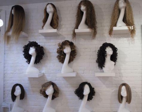 the women Wig Closet Storage, Salon Wig Display Ideas, Wig Storage Ideas Closet, Wig Stand Ideas, Wig Storage Ideas At Home, Wig Shelf Ideas, Wig Salon Ideas, Wig Room Ideas, Wig Display Ideas Wall