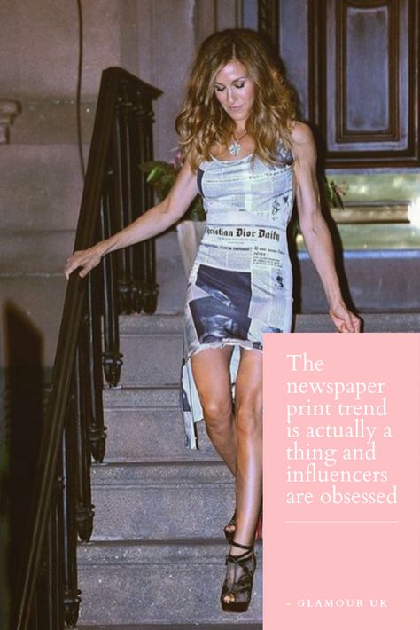 Newsprint Dress, Outfit Recreation, Newspaper Print Dress, Carrie Bradshaw Style, Newspaper Dress, Instagram Feeds, Newspaper Print, Fashionably Late, Glamour Uk