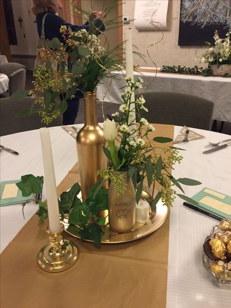 Gold/white/green bridal shower. Green Gold White Table Decor, Sage Green And Gold Table Centerpieces, Toga Party Centerpieces, Gold And Green Engagement Party, Green Gold Centerpiece Wedding, Table Decor Green And Gold, Hunter Green And Gold Centerpieces, Green And Gold Wedding Shower Decor, Gold And Green Centerpiece Wedding