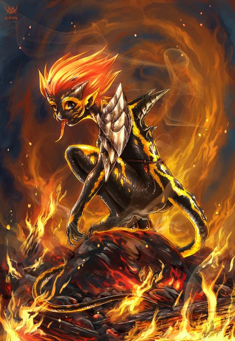 Salamander by Maxa-art on DeviantArt Monstrous Humanoid, Spirit Of Fire, Fire Salamander, Gust Of Wind, Hunter Girl, Mtg Art, Water Spirit, Wet Skin, Werewolf Art