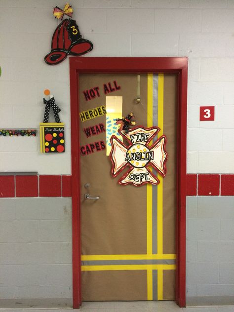 Firefighter heroes classroom door Firefighter Classroom Theme, Fire Department Nursery, Fire Fighter Classroom Decoration, Firefighter Bulletin Board, Community Helper Door Decoration, Fireman Decorations, Door Decorations Birthday, Superhero Classroom Door Decorations, Superhero Classroom Door