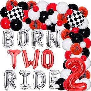 Born Two Ride Birthday Boy, Red Balloon Garland, Birthday Motorcycle, 2nd Birthday Party Decorations, Motorcycle Party, Motorcycle Birthday, Racing Theme, Car Birthday Theme, Second Birthday Ideas