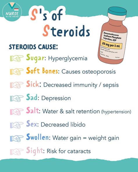 NurseInTheMaking on Instagram: “Steroid Sunday! Let’s talk a little about corticosteroids 💊Corticosteroids have an anti-inflammatory effect. They can be used for a wide…” Corticosteroids Pharmacology, Medical Hacks, Cna Aesthetic, Doogie Howser, Nursing School Pharmacology, Optometry Education, Nursing Hacks, Nursing School Studying Cheat Sheets, Med Notes