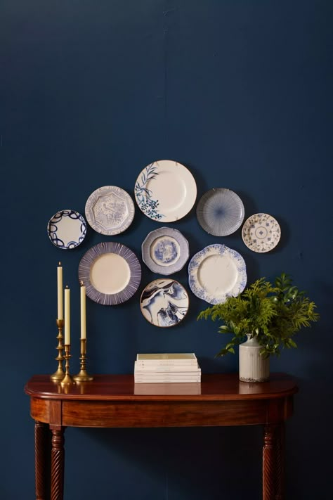 Blue Plates On Wall Display, Decorative Plates On Wall, Vintage Plates On Wall, Blue Plates Wall, Wall Plates Decor, Plate Wall Display, Decorative Plates Display, Plate Walls, Pioneer House