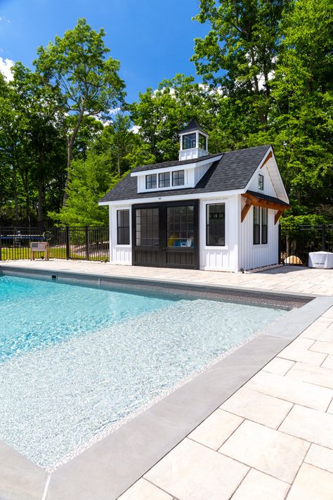 Modern Farmhouse Carriage House, Small Pool With Pool House, Pool House Studio Apartment, Shed By Pool, Board And Batten Pool House, Small Pool House Interior Ideas, Backyard Pool House Ideas, Modern Farmhouse Pool House, Pool Shed With Bathroom