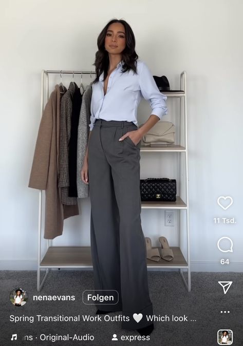 Gray Wide Leg Pants Outfit, Grey Pants Formal, Gray Trousers Outfit, Check Pants Outfit, Grey Trousers Outfit, Pleated Pants Outfit, Grey Wide Leg Trousers, Corporate Outfit, Gray Outfits