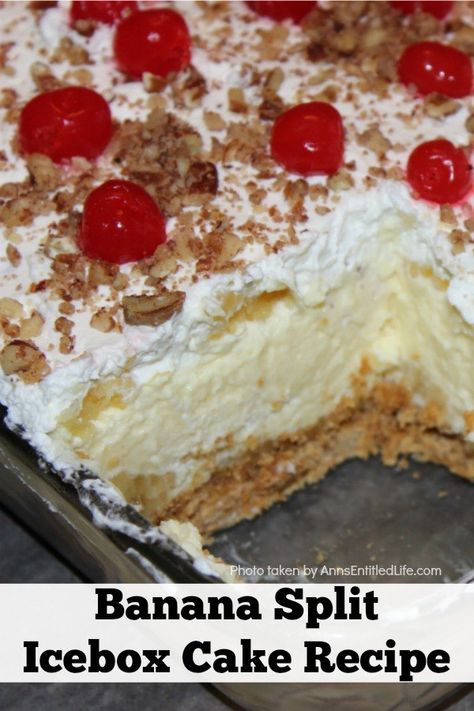 Banana Split Icebox Cake Recipe, Banana Split Cake Recipe, Banana Split Dessert Recipes, Banana Split Pie, Banana Split Cake, Split Cake, Banana Split Dessert, Pudding Cheesecake, Icebox Cake Recipes