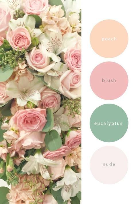 Peach Pink Green Color Palette, Flower Color Palette Colour Schemes, Wedding Palette Spring, Pink Wedding Palette, Baby Pink Wedding, Pink Green Wedding, Boho Colors, Wedding Dance Choreography, Green Wedding Colors