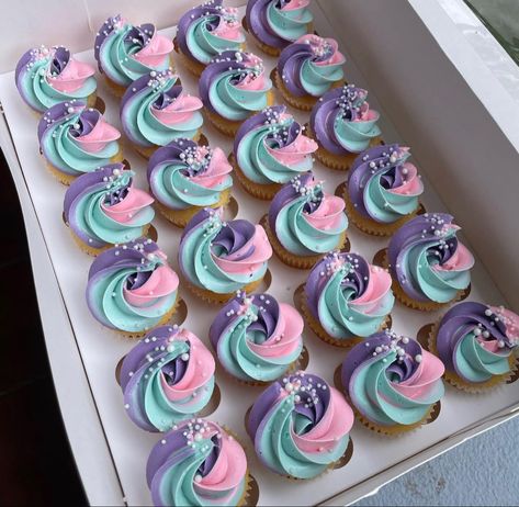 Mermaid Birthday Cupcake Ideas, Pink Purple And Teal Cupcakes, Cupcakes Decoration Mermaid, Pink Purple White Cupcakes, Blue Purple Cupcakes, Mermaid Party Sweets, Barbie Mermaid Cupcakes, Pink And Purple Cupcakes Swirls, Wilton 6b Tip Cupcakes