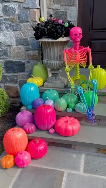 Spooky Rainbow Party, Rainbow Skeleton Costume, Halloween Decor Colorful, Halloween To Christmas Decor, Rainbow Halloween Decor, Bright Halloween Decor, Summerween Decorations, Neon Halloween Decor, Halloween Decor Themes