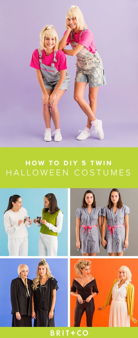 Get totally #twinning on Halloween with these 5 DIY costume ideas for you and your twin (or sister). Famous Twins Costumes, Twin Dress Up Ideas For School, Twin Costumes Adult, Twin Day Dress Up Ideas, Easy Twin Day Ideas For Spirit Week, Ideas For Twin Day Spirit Week, Twin Day Ideas For Work, Adult Sister Halloween Costumes, Twin Dress Up Ideas