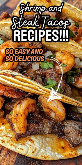 Beef And Shrimp Fajitas, Steak And Shrimp Tacos Recipe, Steak Tacos Recipes, Steak And Shrimp Recipes, Steak Taco Recipe, Blended Coffee Recipes, Seasoned Shrimp, Beef Tacos Recipes, Tacos Recipes