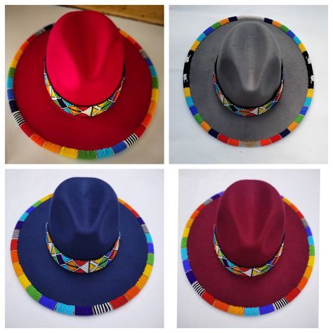 Wholesale set of 4 beaded fedora hat Cowboy Hat Bands, Sombrero Hat, Beaded Hat Bands, Extra Long Earrings, African Gifts, Horn Earrings, Beaded Leather Bracelet, Beaded Edge, Beaded Hat