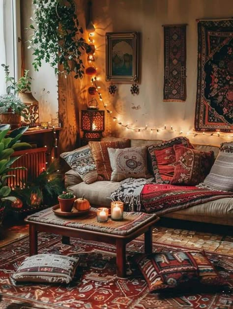 Small Living Room Decor Indian, Apartment Inspo Cozy, Room Wall Paint Colors, Boho Living Decor, Boho Vintage Home, Hippie Living Room, Boho Hippie Aesthetic, Jungle Boho, Bohemian Living Room Ideas