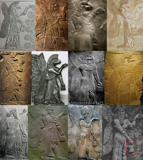 Annunaki. All have wings. All are wearing bracelets with a disc. All are carrying a pouch with handle in one hand, and thrusting a pine cone forward with the other. Note the mechanical looking musculature, the tassels, the fringed robes, the cigar shaped implements tucked into their sashes. Note the squared beards on some, the finned heads of the others. Can anyone explain these? Alien Theories, Ancient Astronaut, Ancient Technology, Mystery Of History, Ancient Egyptian Art, Ancient Knowledge, Ancient Mysteries, Ancient Aliens, Mesopotamia