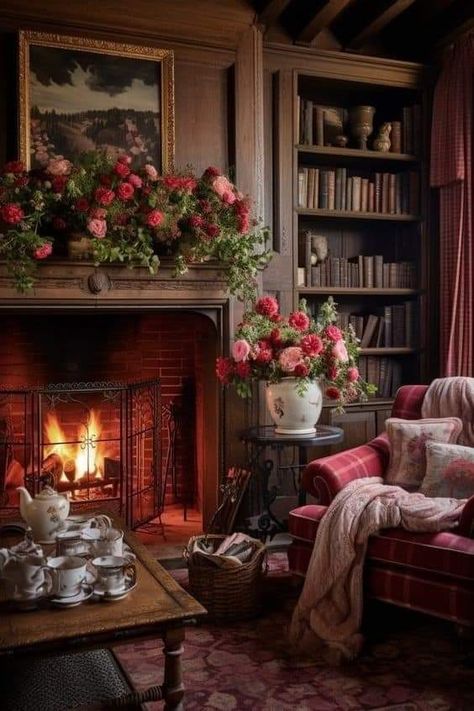 Chairs In Front Of Fireplace Cozy, Moody English Cottage Living Room, Cottage Country Living Room, Romantic Academia Living Room, Cottage Core Family Room, Cozy Autumn Home Decorating Ideas, Cozy House Aesthetic Living Room, Cottagecore Armchair, Cozy Cottage Living Room Ideas