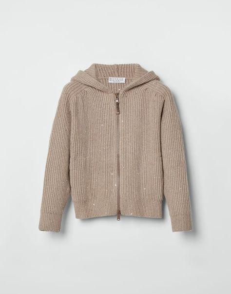 Girl's designer knitwear: sweaters and cardigans | Brunello Cucinelli Yarn Cardigan, Rib Knitting, White Cashmere Sweater, Sweaters And Cardigans, Funnel Neck Sweater, Designer Knitwear, High Neck Sweater, Hooded Cardigan, Ribbed Knit Sweater