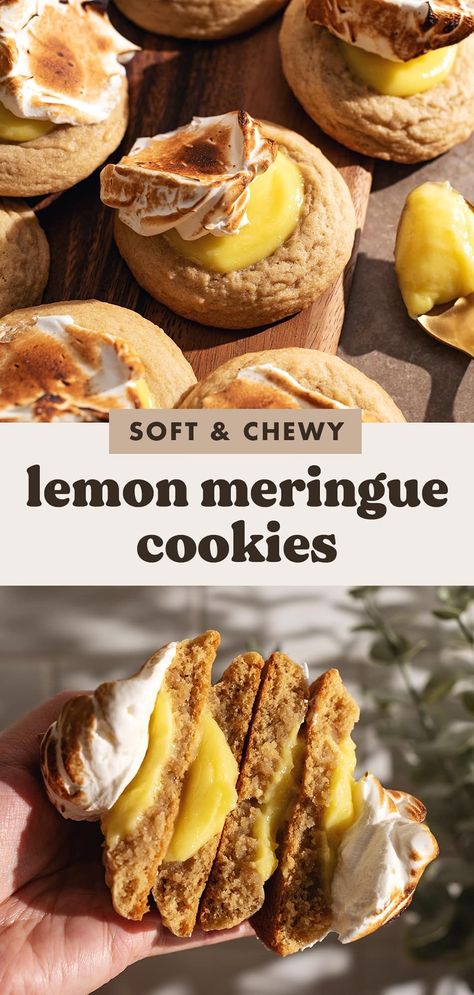 These lemon meringue cookies are soft and chewy sugar cookies topped with tangy lemon curd and toasted swiss meringue. It's everything you love in a lemon meringue pie in the form of delicious cookies! #lemonmeringue #cookies #baking | teakandthyme.com Lemon Meringue Pie Cookies, Lemon Meringue Cookies Recipes, Mint Meringue Cookies, Chewy Meringue Cookies, Merange Cookies Meringue, Healthy Meringue Cookies, Flavored Meringue Cookies, Baking Nook, Merangue Recipe Cookies Lemon