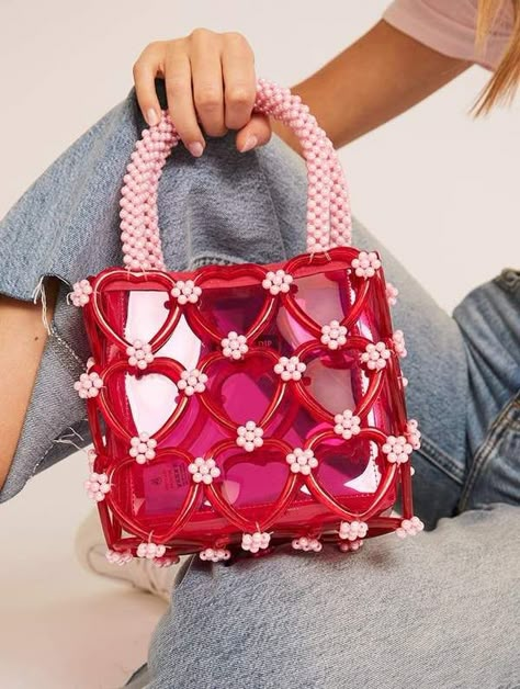 Heart Bag Aesthetic, Heart Bags, Heart Purse, Beads Bag, Bead Bag, Beaded Bag, Heart Tote Bag, Trendy Multicolor Heart-shaped Bag, Chic Heart-shaped Bag With Heart Detail