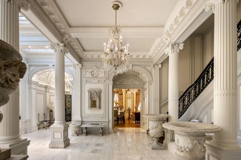 Avengers Mansion, Nyc Mansion, Regency Interior Design, Mansion Palace, Regency Interior, Marble Bar Top, Carved Fireplace, Stone Porches, Gilded Age Mansions