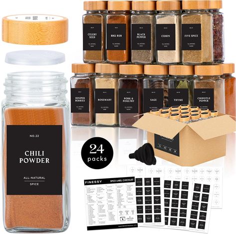 Glass Spice Jars with Labels Black Bamboo, 24pcs Seasoning Containers, Spice Containers Set with Shaker Lids Seasoning Jars, 4oz Empty Spice Bottles. Square Glass Jars, Wood Spice Rack, Herb Jar, Spice Jar Set, Spice Drawer, Glass Spice Jars, Spice Labels, Spice Bottles, Spice Containers