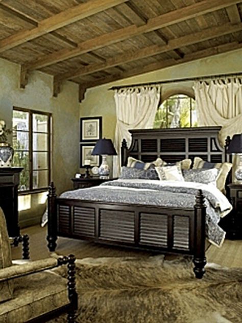 Great look for Tommy Bahama bed!  www.koontzfurnitureanddesign.com Tommy Bahama Bedroom Furniture, Tommy Bahama Bedroom, British Colonial Decor, Panel Bedroom, Tommy Bahama Home, Colonial Decor, Upholstered Panel Bed, Bedroom Panel, Black Bedding