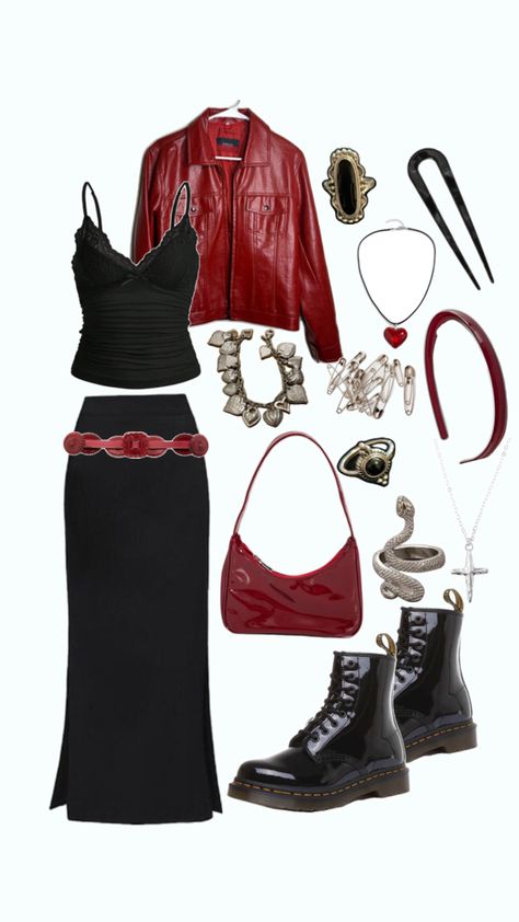 Cherry red, deep red, edgy, goth, thrift, silver Goth Thrift, New York Aesthetic Outfits, New York Aesthetic, Aesthetic Outfit, Red Outfit, Alternative Outfits, City Girl, Polyvore Outfits, Cherry Red