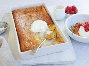 An easy throw-together dessert that forms a crust, custard and topping while in the oven. Easy. Baked Pudding, Self Saucing Pudding, Pudding Desserts, Pudding Cake, Instant Pudding, Christmas Pudding, Think Again, Pudding Recipes, Banana Pudding