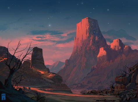 Starry Mountain, Josh Hutchinson on ArtStation at https://www.artstation.com/artwork/2q4qA Sunset Environment Concept Art, Mountain Tutorial Digital, Mountain Sunset Illustration, Dusk Drawing, Sunset Concept Art, Mountain Fantasy Art, Mountain Reference, Mountain Concept Art, Sunset Mountain Painting