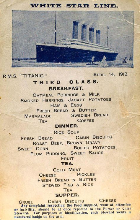 Titanic Food Menus For 1st, 2nd and 3rd Class Passengers Iklan Vintage, Stary Papier, Real Titanic, Titanic Facts, White Star Line, Titanic History, Titanic Ship, Vintage Menu, The Titanic