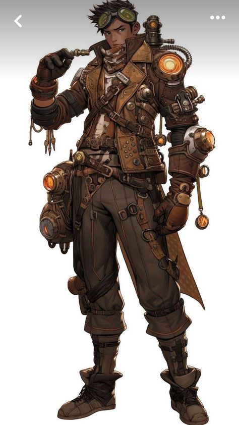 Steampunk Pilot Character Design, Inventor Fantasy Art, Steam Punk Concept Art, Steampunk Alchemist Character Design, Artificer Aesthetic Outfit, Steampunk Engineer Character Design, Armorer Artificer Dnd Infiltrator, Steampunk Design Character, Ebberon Dnd