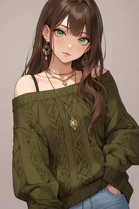 Drawing Brown Eyes, Brown Hair Green Eyes Character Art, Anime Oc Female Brown Hair Green Eyes, Anime Female Brown Hair, Anime Oc Female Brown Hair, Green Profile Pic, Brown Hair Wallpaper, Green Hair Drawing, Anime Green Eyes