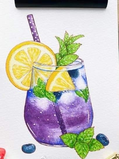 Cute Drink Drawings, Purple Lemonade, Cocktails Drawing, Purple Cups, Cocktail Illustration, Cake Drawing, Foodie Art, Food Artwork, Beautiful Art Paintings