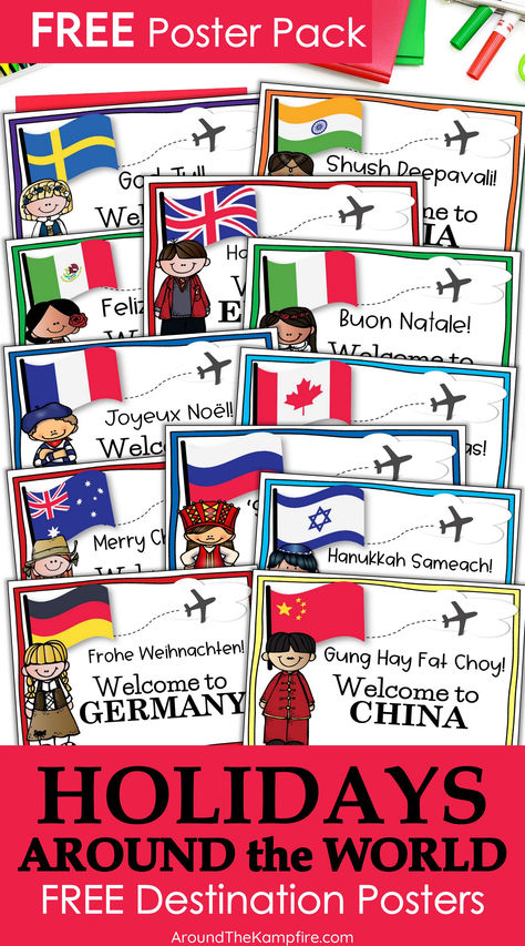 Free Christmas holidays around the world posters Holidays Around The World Classroom Door, Holiday Around The World Bulletin Board, Around The World Christmas Tree, Christmas Around The World Bulletin Board, Preschool Holidays Around The World, Holidays Around The World Bulletin Board, Christmas Around The World Preschool, Holidays Around The World Preschool, Cottagecore Classroom