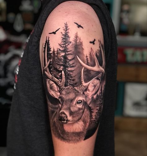 Half Sleeve Deer Tattoo For Men, Deer With Mountains Tattoo, Deer Tattoo Sleeve For Men, Buck Doe Tattoo, Mens Shoulder Tattoo Cover Up, Cool Deer Tattoos, Hunter Tattoos For Men, Deer Buck Tattoo, Black And Grey Deer Tattoo