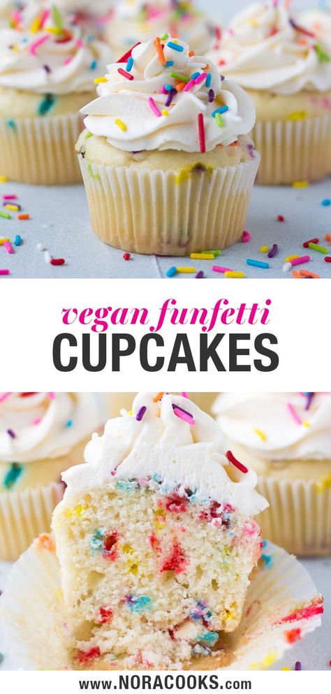 Funfetti Vegan Cupcakes are the perfect way to celebrate! Light, fluffy with vegan buttercream frosting and plenty of sprinkles. #vegan #vegandessert #cupcakes Best Vegan Cupcakes Ever, Vegan Mini Cupcakes, Best Vegan Cupcakes, Vegan Gf Cupcakes, Vegan Easter Cupcakes, Vegan Funfetti Cupcakes, Vegan Cupcake Frosting, Vegan Cupcakes Easy, Vegan Cupcakes Recipes