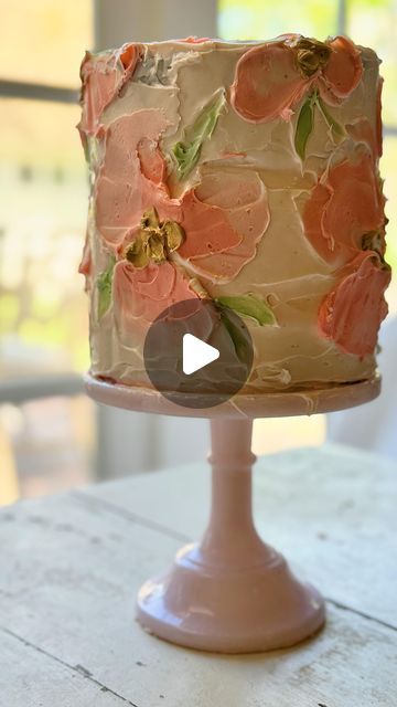 Leslie Saeta on Instagram: "I know it’s not perfect.   But I love the loose and impressionist look of using a palette knife.   I painted seascapes and abstracts for years using only a palette knife.   So why not paint a cake?  With frosting of course.  It took some practice but I loved making this.   Comment CAKE501 below and I will DM you a link to my blog.  https://my100yearoldhome.com/the-best-spring-cake/" Painted Cake Ideas, Pallete Knife Cakes, Palette Cake Decorating, Palette Knife Painting Cake, Palette Knife Cake Decorating, Pallet Knife Cake Decorating, Palette Knife Cake, Wedding Cake Gold Leaf, Cake Painting Tutorial