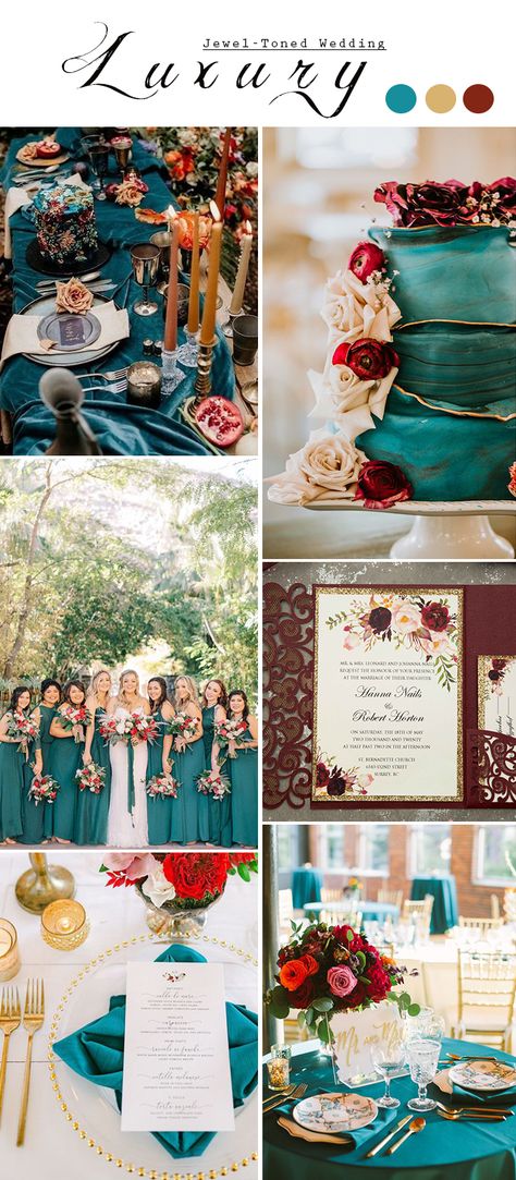 Teal Gold Ruby Red Red And Teal Color Palette, Dark Teal Burgundy Gold Wedding, Dark Teal Red And Wine Wedding Decor, Jewel Tone Invitations, Jewel Theme Wedding Invitation, Jewel Tone Table Numbers, Jewel Tones Wedding, Teal Gold Wedding, Jamaica Beach Wedding