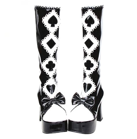 Acrobat Outfit, Goth Alice In Wonderland, Circus Boots, Black And White Clothes, Black And White High Heels, Gothic Harajuku, White Gothic, Goth Shoes, Gothic Boots