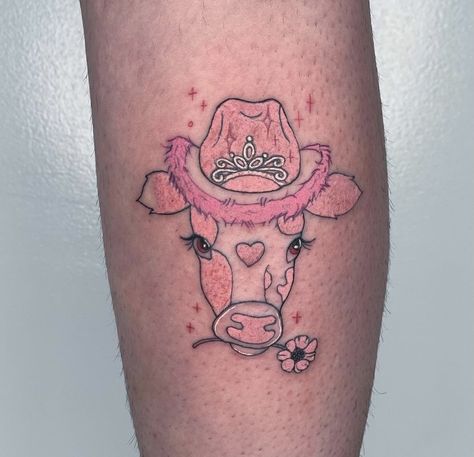 Strawberry Cow Tattoo, Chicken Tattoo, Cow Tattoo, Tattoo Apprenticeship, Pink Tattoo, Funky Tattoos, Strawberry Cow, Kawaii Tattoo, Sweet Tattoos