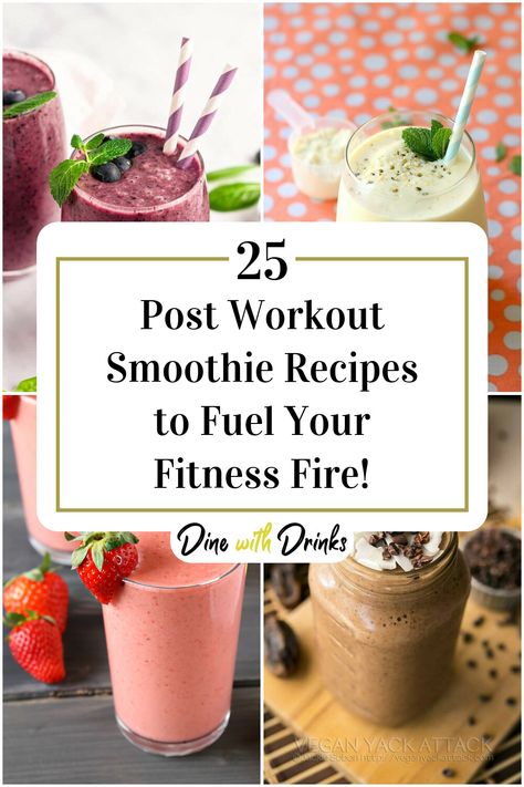 Collage of 4 post workout smoothie recipes. Dessert Recipes Easy Healthy, Healthy Post Workout Smoothie, Easy Healthy Dessert Recipes, Post Workout Smoothie Recipes, Workout Smoothie Recipes, Fitness Smoothies, Pre Workout Smoothie, Recovery Smoothie, Easy Healthy Dessert