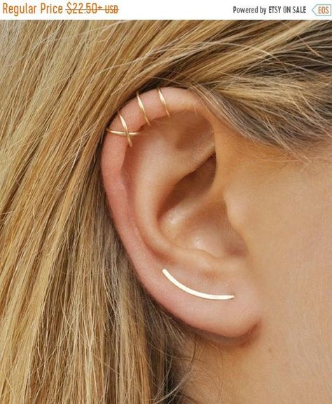 Modern Minimalist Set of 3 - Ear Climber, Smooth Ear Sweeps, Double Ear Cuff, Earring Climbers 20mm, Criss Cross Ear Cuff, Crawlers, gold ear curve, curved ear pin, bar earrings, line earrings, dainty jewelry ***Very cool and stylish set*** *You can choose one or a pair of ear climbers. Celtic Clover, Faux Piercing, Ear Piercing Ideas, Piercing Tragus, Cute Ear Piercings, Piercing Inspo, Ear Climber, Ear Pins, Ear Climbers