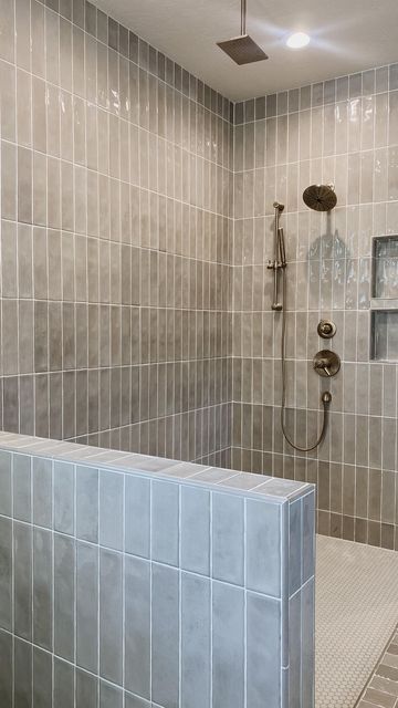 Grey Rectangle Tile Bathroom, Bath Tub With Tiled Walls, 2025 Shower Tile Trends, Colored Subway Tile Bathroom, Horizontal Tile Shower Ideas, Marazzi Tile Bathroom, Vertical Subway Tile Shower Ideas, Tiled Shower Ideas Walk In, Shower Tile Ideas Walk In