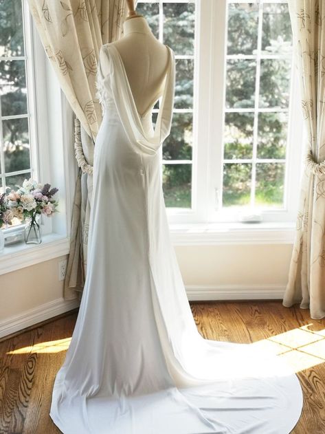 Archive Wedding Dress, Satin Wedding Dress With Beading, Vintage Glam Wedding Dress Old Hollywood Glamour, Plunge Wedding Dress Neckline, Old Hollywood Glamour Wedding Dress, Drape Wedding Dresses, Vintage Hollywood Wedding Dress, Old Hollywood Glam Wedding Dress, 1930 Wedding Dress