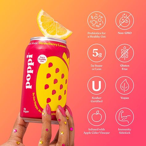 Prebiotic Soda, Low Sugar Drinks, Water Fruit, Seltzer Water, Happy Gut, Juice Branding, Soda Brands, Drinks Packaging Design, Fresh Fruit Juice