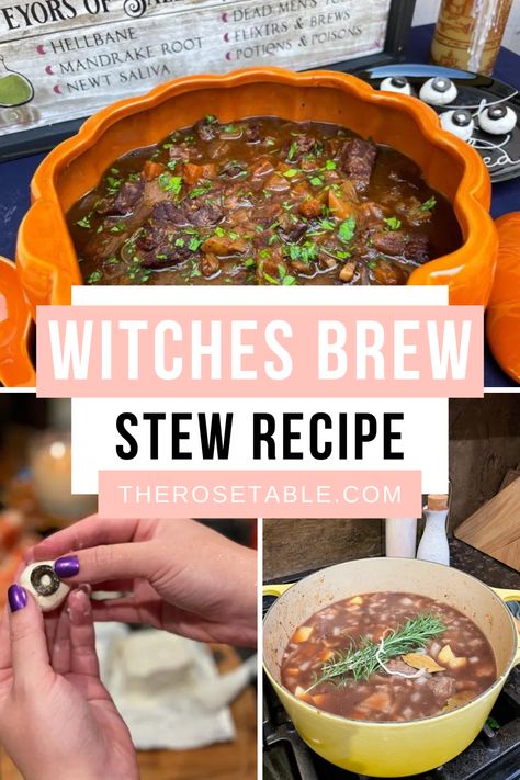 Looking for a spooky main course to celebrate Halloween? You’ve come to the right place! I came up with Witches Brew Stew for Disney Dinners: Hocus Pocus. It’s a twist on my classic beef stew (which is so good, it’s in my cookbook!). Here I’ve swapped the carrots for more seasonal butternut squash and I’ve added a haunting twist: a floating cream cheese eyeball inspired by the Sanderson Sisters’ spell book. Witches Stew Recipe, Witches Brew Stew, Make Witches, Halloween Soup, Halloween Food Crafts, Classic Beef Stew, Halloween Themed Food, The Sanderson Sisters, Kids' Party Food