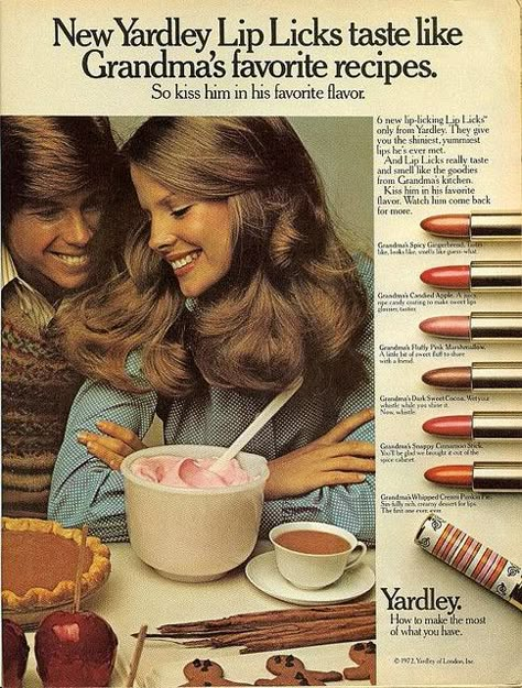 Yardley Lip Licks. 1972.  {Find vintage ads, etc to print & put up at party???} 1970s Makeup, Vintage Makeup Ads, Patti Hansen, Makeup Ads, Retro Makeup, Retro Beauty, Elf Cosmetics, Beauty Ad, Old Advertisements