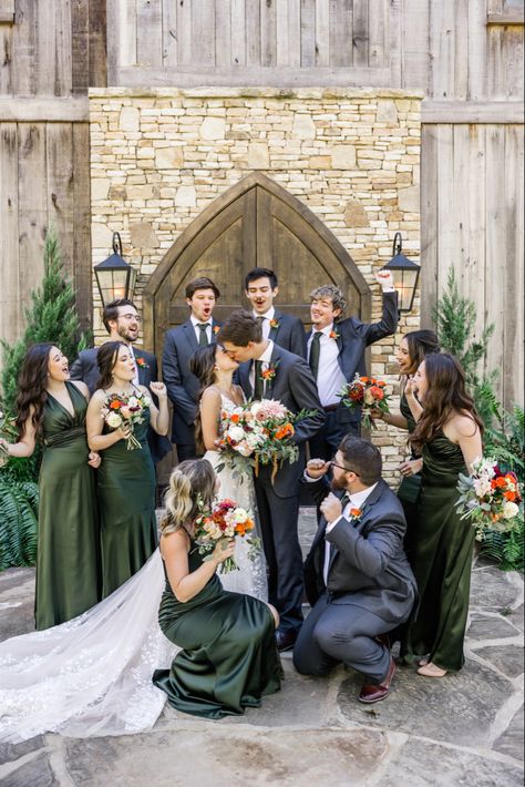 Dark Eucalyptus Bridesmaid Dress, Oliver Green Bridesmaid Dresses, Olive Green Bridesmaid Dress With Navy Suits, Dark Green Groom Suit Grey Groomsmen, Dark Olive Green Dress For Wedding, Groomsmen Attire Forest Wedding, Green Theme Wedding Party, Rust And Green Bridal Party, Groomsmen Attire For Fall Wedding